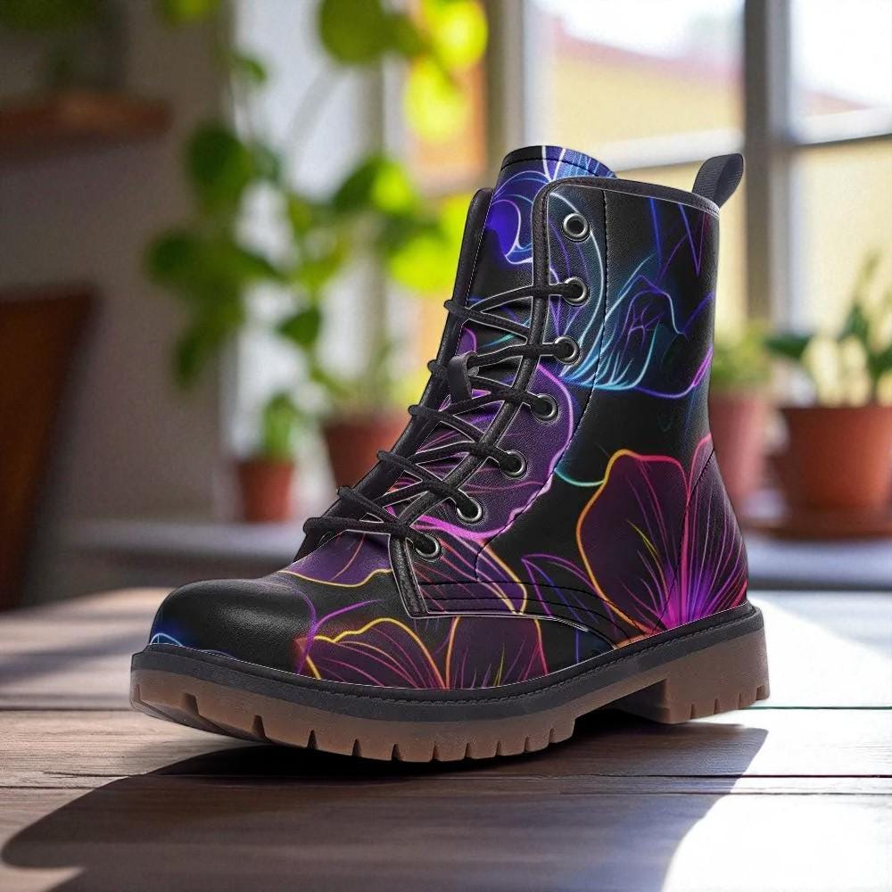 Neon Floral Combat Boots, Psychedelic Rave Footwear for Night Parties