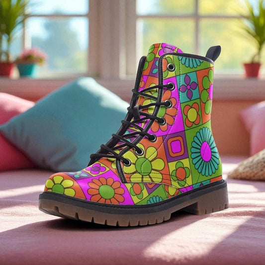 Psychedelic Daisy Vegan Leather Combat Boots: 70s Rave Festival Footwear