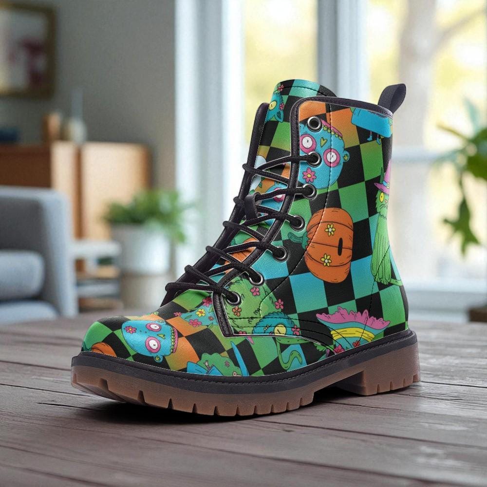 Cartoon Print Combat Boots, Colorful Psy Festival Footwear Y2K Statement