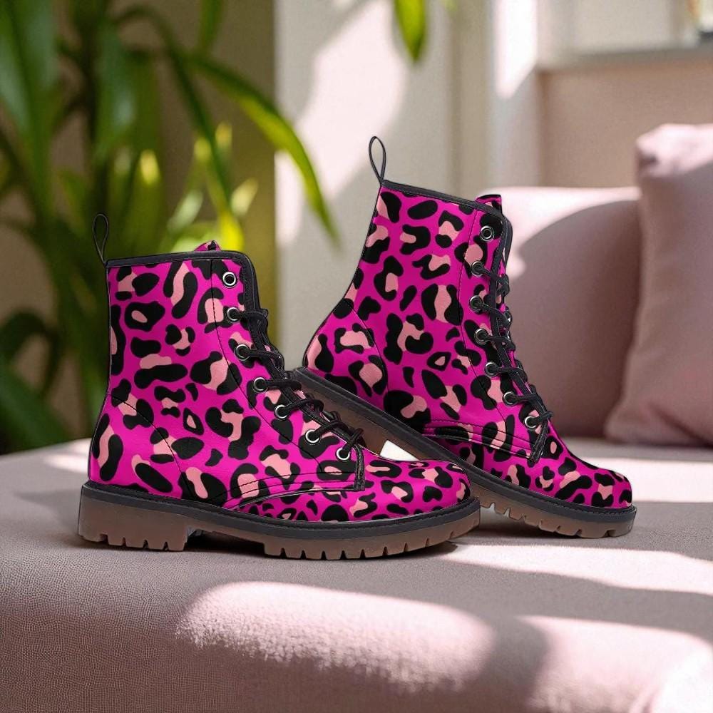 Hot Pink Leopard Combat Boots, Bold Punk Party Footwear for Alt Fashion