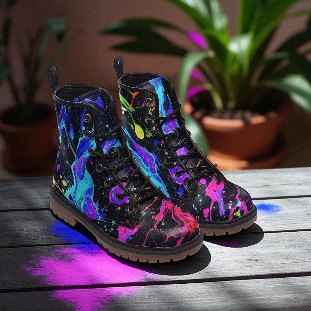 Neon Splatter Combat Boots Rave Festival Shoes Dopamine Statement Footwear