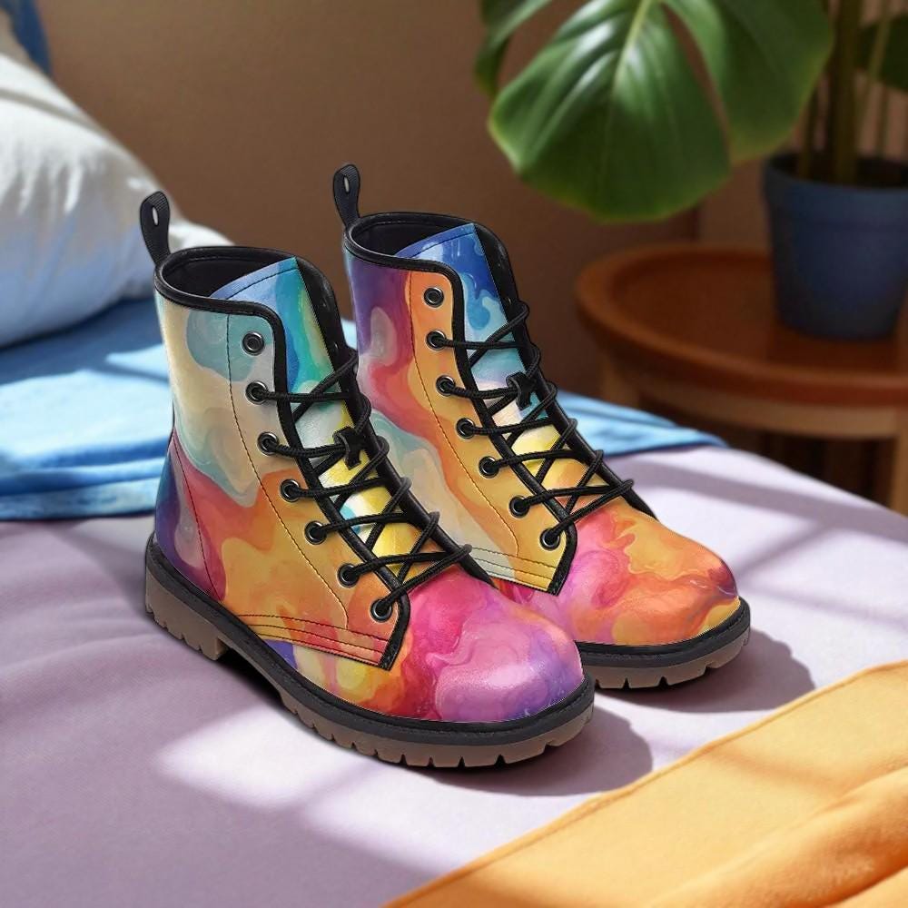 Watercolor Swirl Boots, Bold Colorful Combat Shoes for Artsy Festival Looks