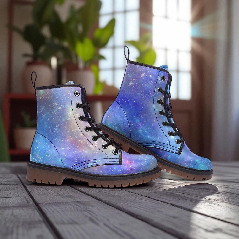 Galaxy Combat Boots, Celestial Starry Night Print Festival Rave Shoes