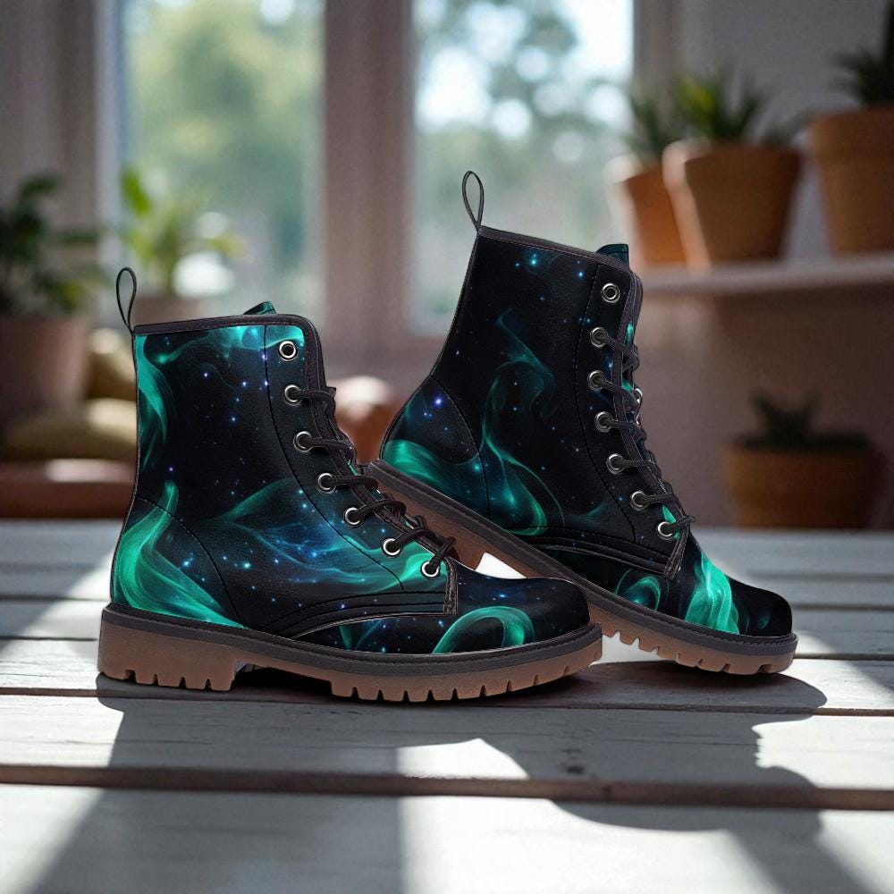 Aurora Borealis Vegan Leather Combat Boots: Festival Rave Footwear