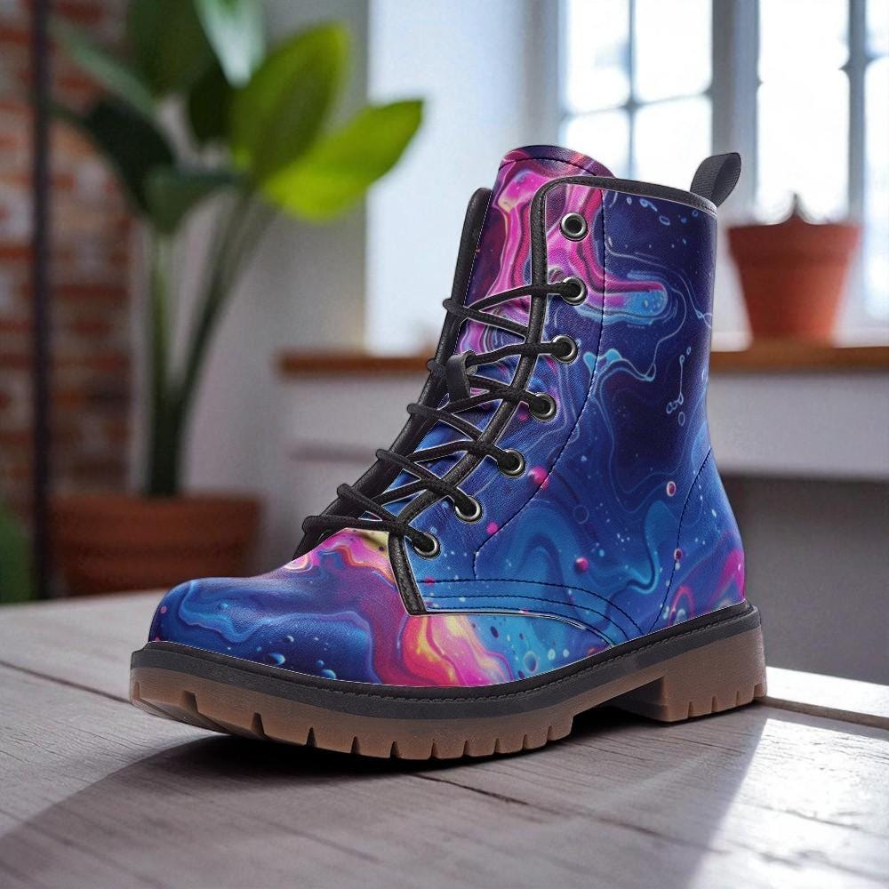Neon Galaxy Combat Boots, Psychedelic Rave Festival Shoes