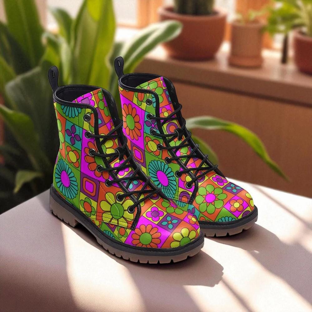 Psychedelic Daisy Vegan Leather Combat Boots: 70s Rave Festival Footwear