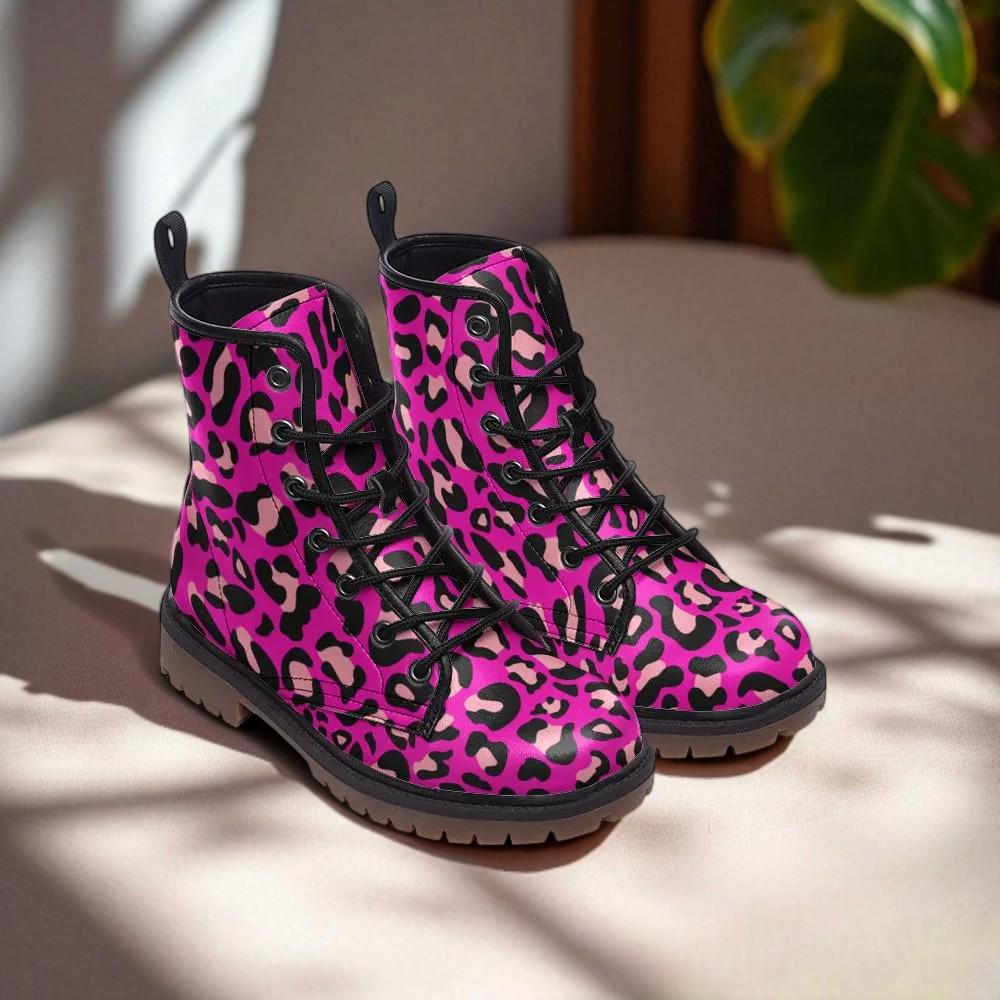 Hot Pink Leopard Combat Boots, Bold Punk Party Footwear for Alt Fashion