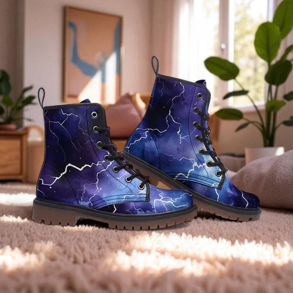 Electric Lightning Combat Boots, Stormcore Rave Festival Shoes in Blue