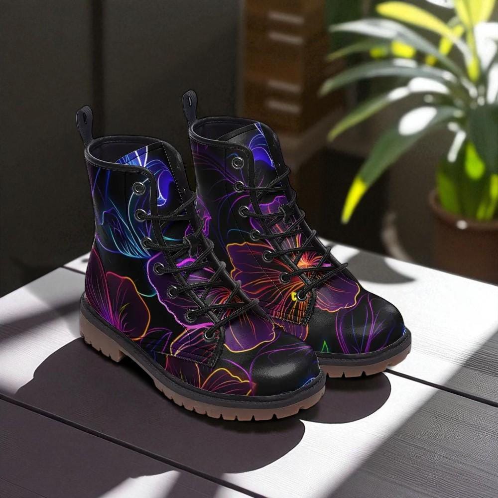 Neon Floral Combat Boots, Psychedelic Rave Footwear for Night Parties