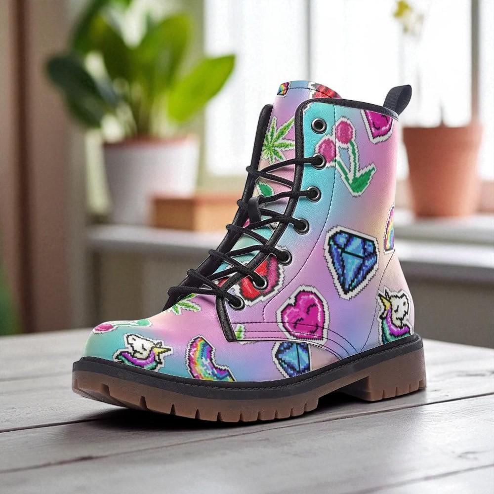 Kawaii Pastel Combat Boots: Vegan Leather Rave Festival Shoes