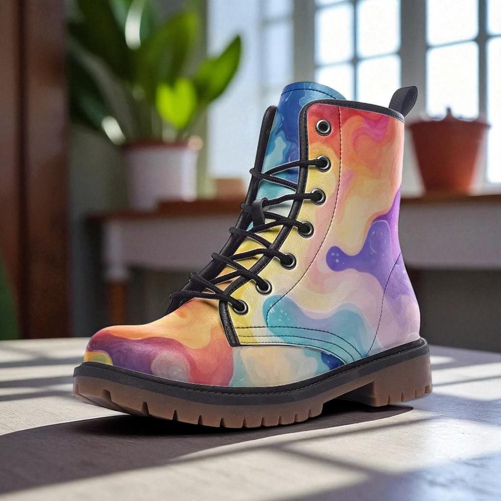 Watercolor Swirl Boots, Bold Colorful Combat Shoes for Artsy Festival Looks