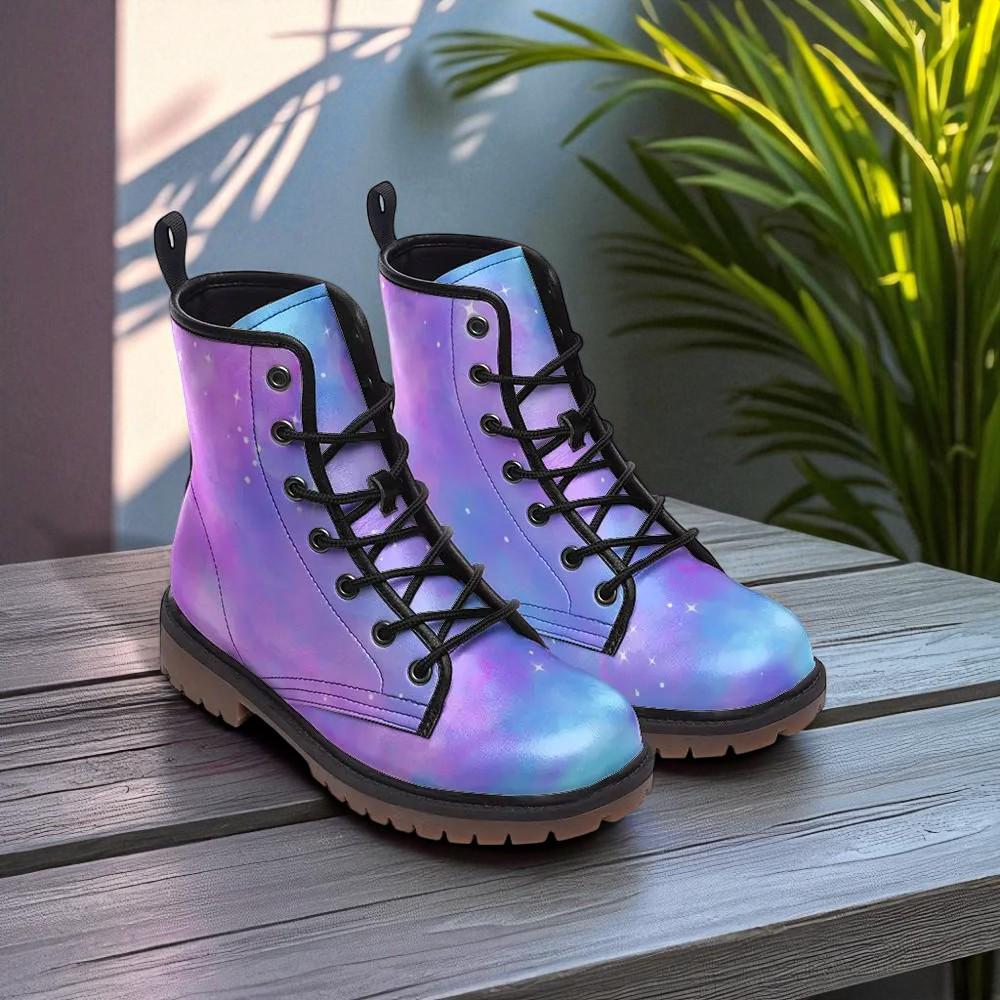 Galaxy Combat Boots, Rave Festival Shoes Purple Blue Pastel Boots