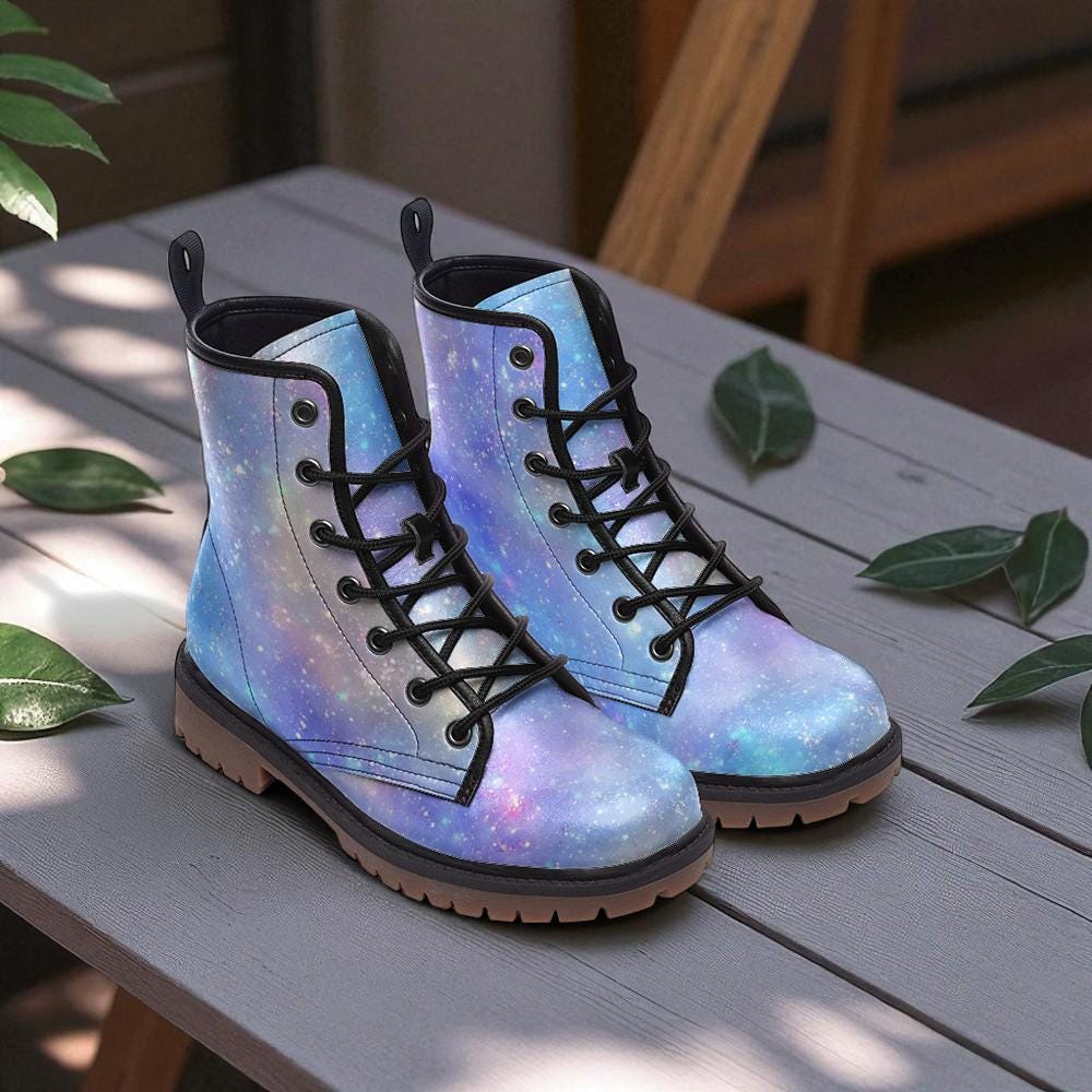 Galaxy Combat Boots, Celestial Starry Night Print Festival Rave Shoes