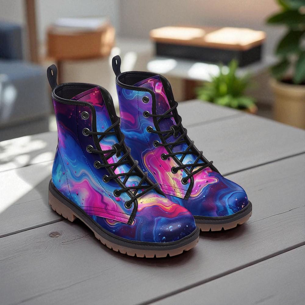 Neon Galaxy Combat Boots, Psychedelic Rave Festival Shoes