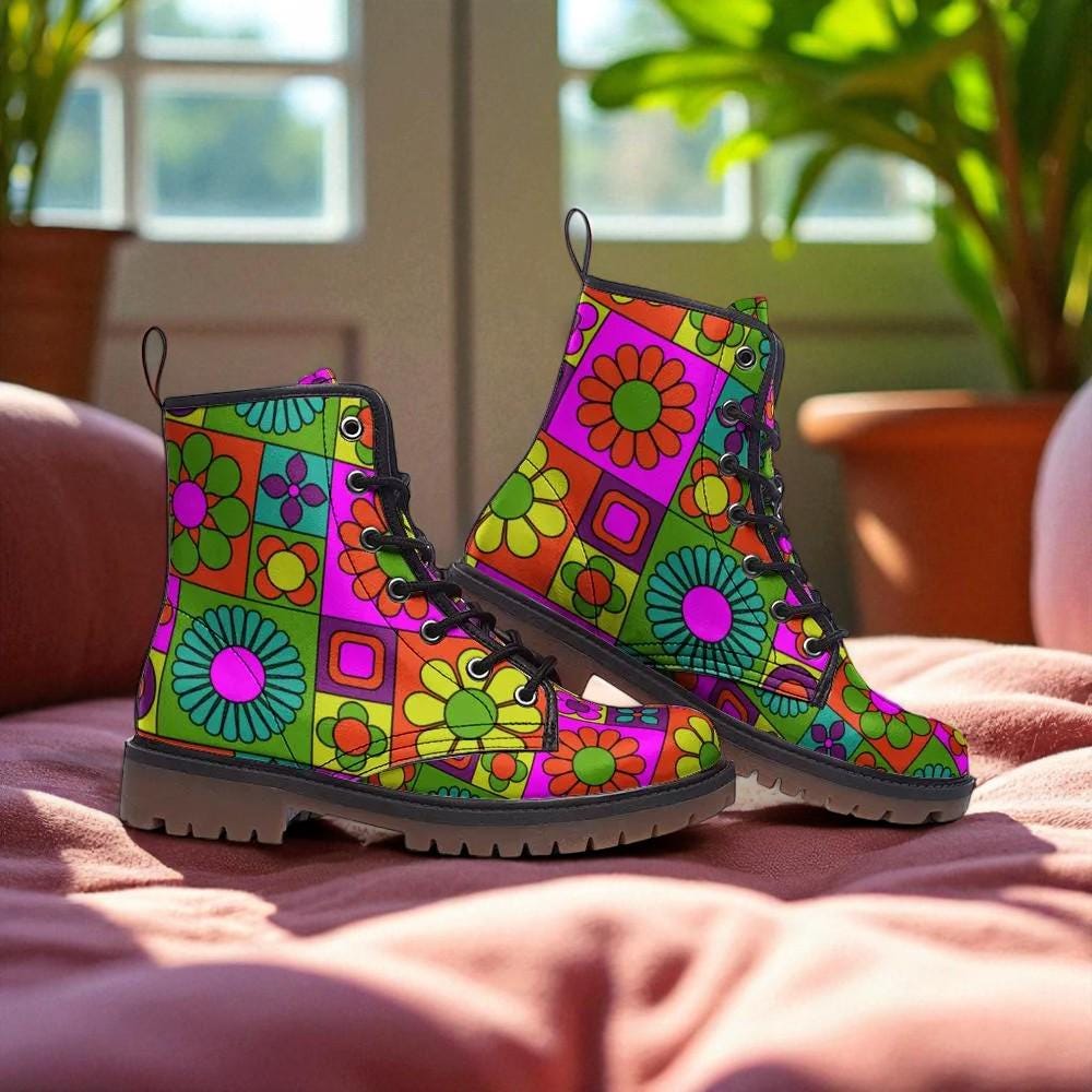 Psychedelic Daisy Vegan Leather Combat Boots: 70s Rave Festival Footwear