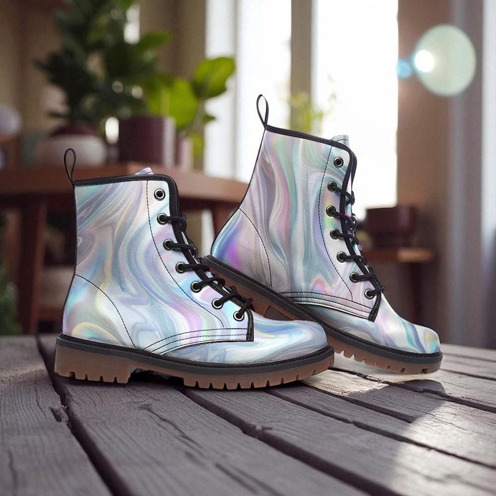 Holographic Silver Combat Boots, Futuristic Y2K Cyber Rave Festival Shoes