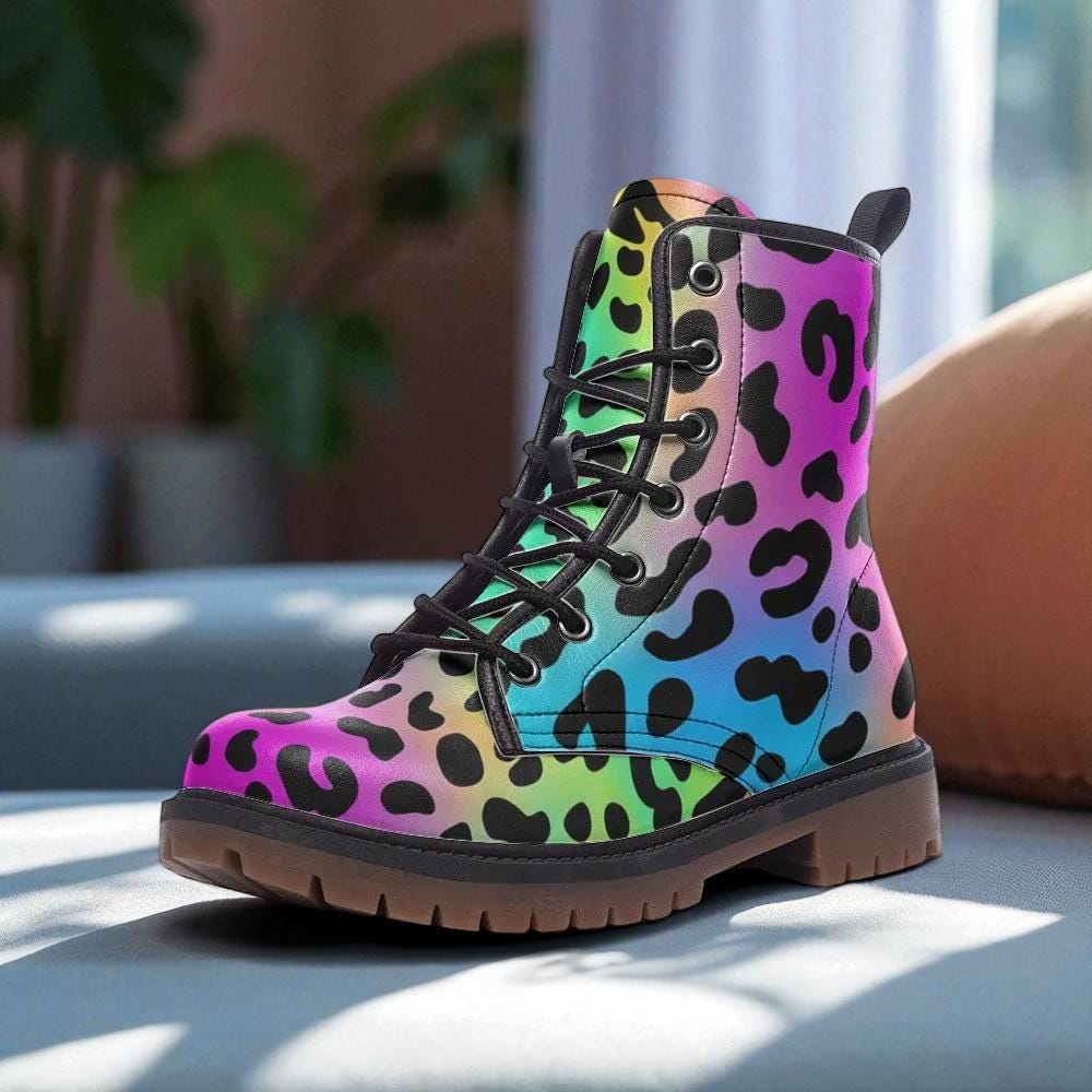 Neon Rainbow Leopard Boots, Colorful Statement Combat Shoes for Party Outfits