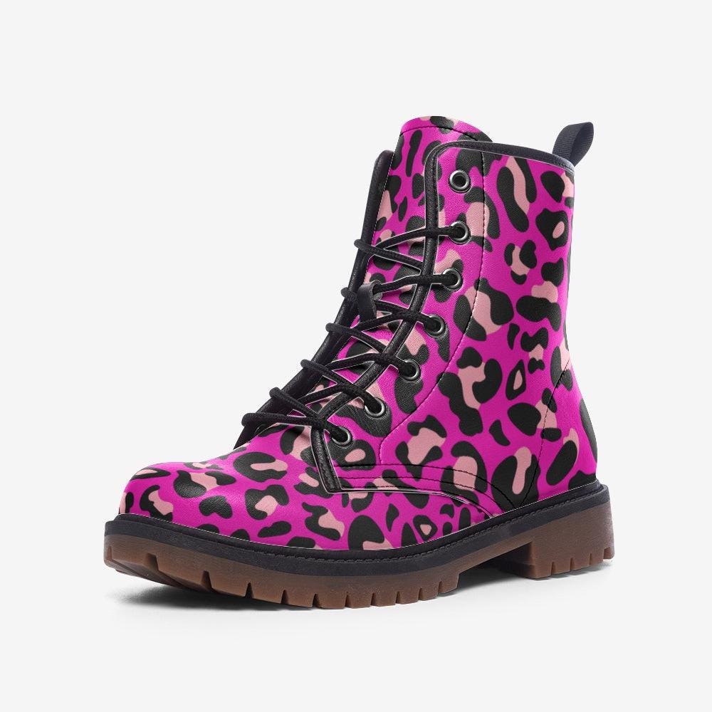 Hot Pink Leopard Combat Boots, Bold Punk Party Footwear for Alt Fashion