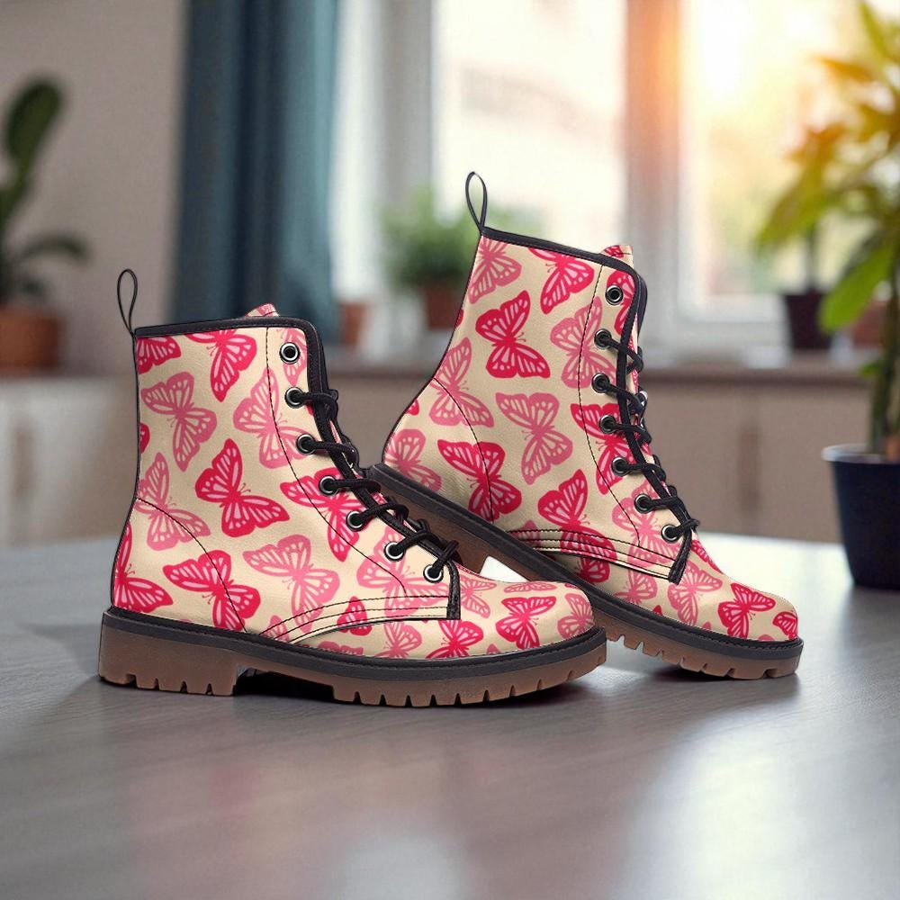 Pink Butterfly Combat Boots, Kawaii Fairycore Rave Outfit Shoes for Festivals