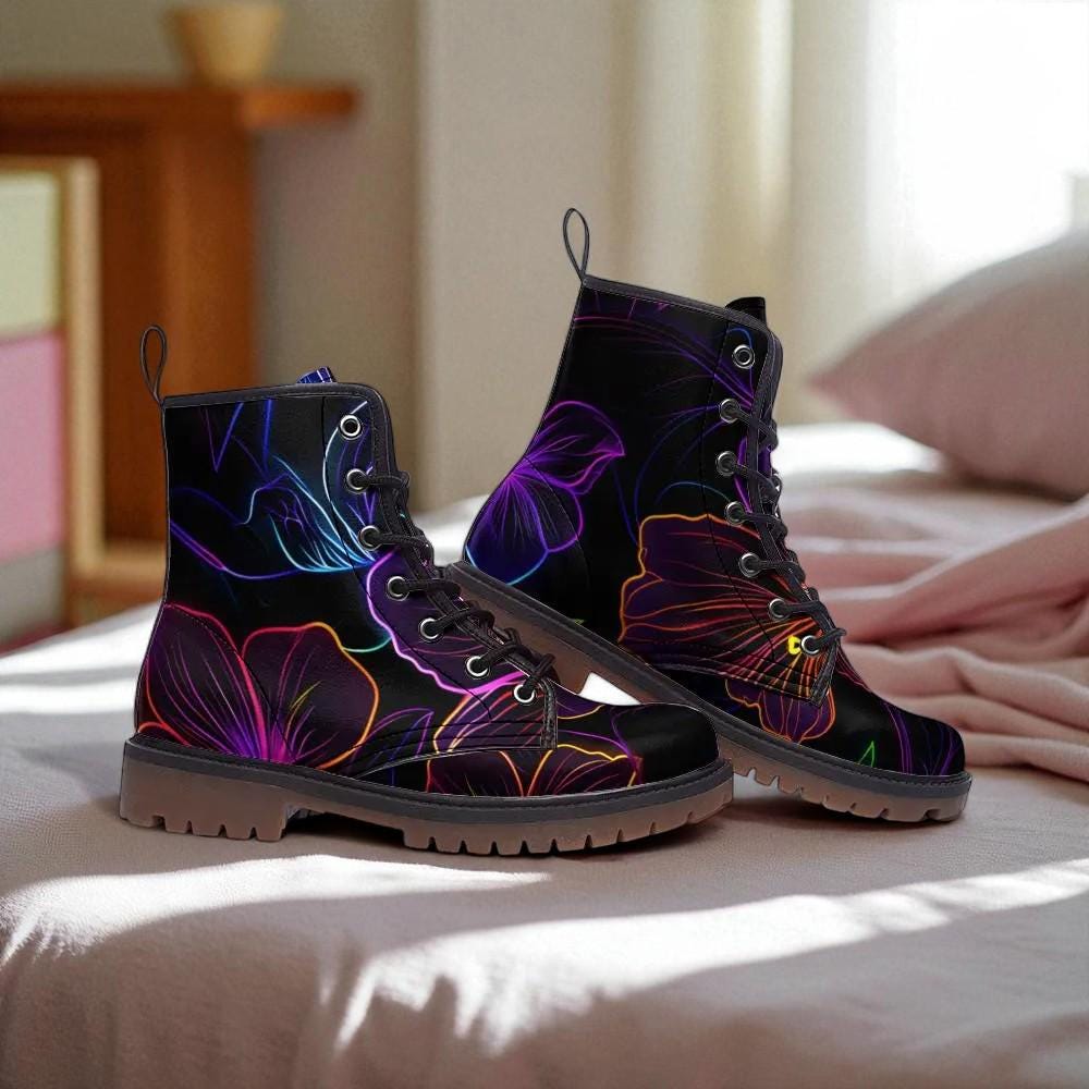 Neon Floral Combat Boots, Psychedelic Rave Footwear for Night Parties