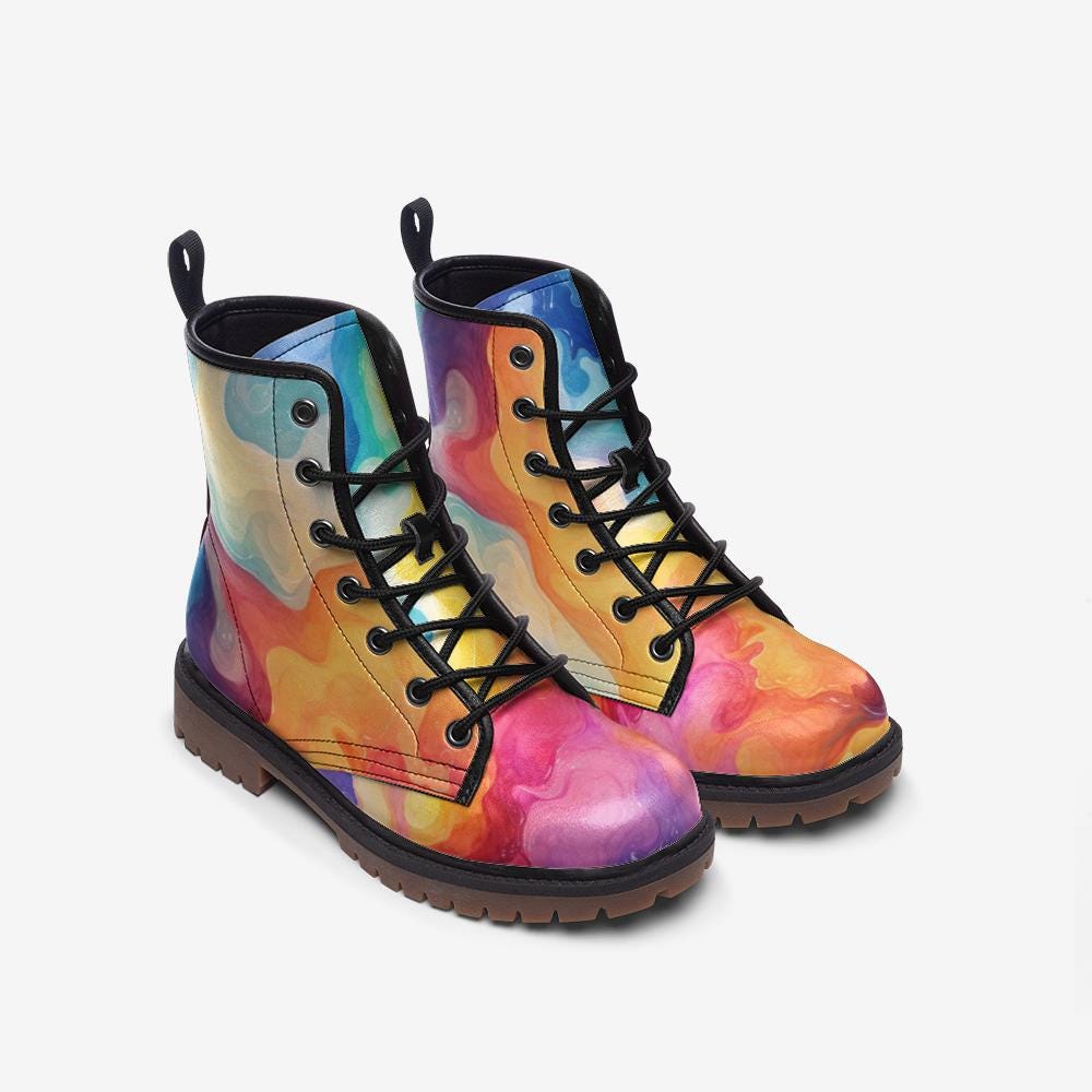 Watercolor Swirl Boots, Bold Colorful Combat Shoes for Artsy Festival Looks