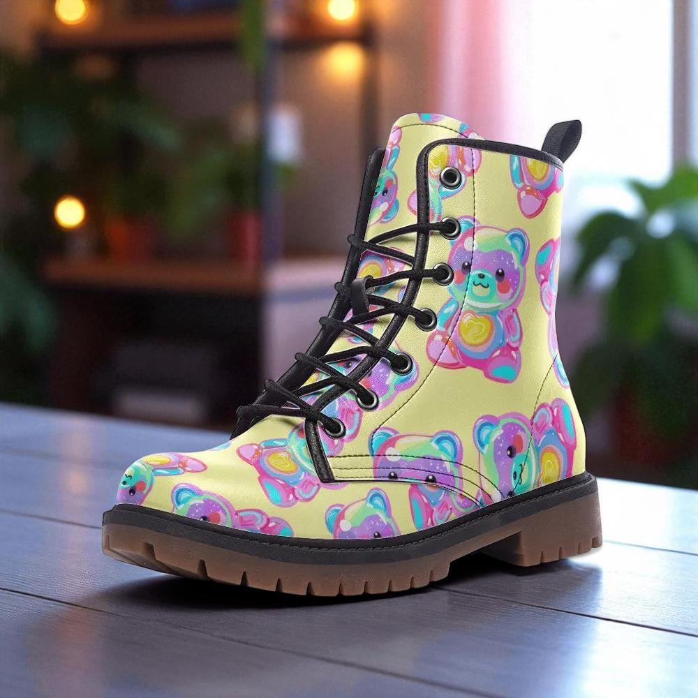 Rainbow bear boots, dopamine rave lace up shoes, festival party style