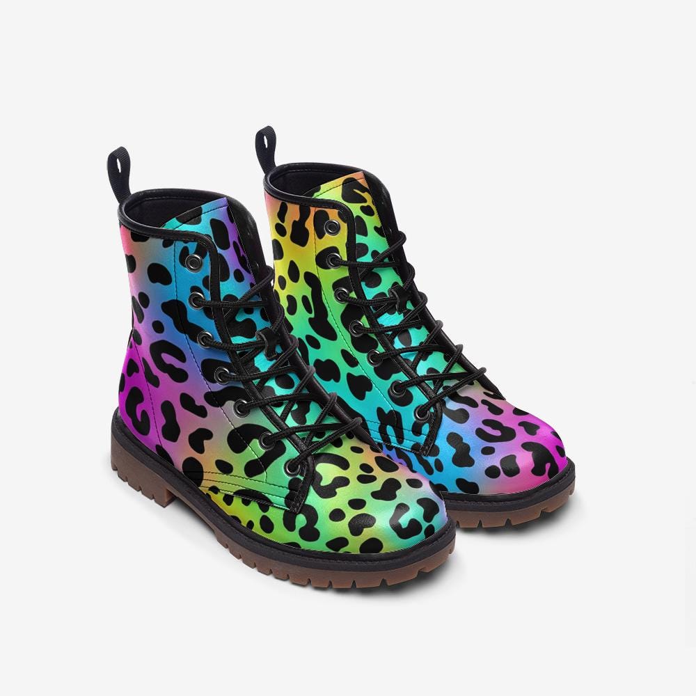 Neon Rainbow Leopard Boots, Colorful Statement Combat Shoes for Party Outfits