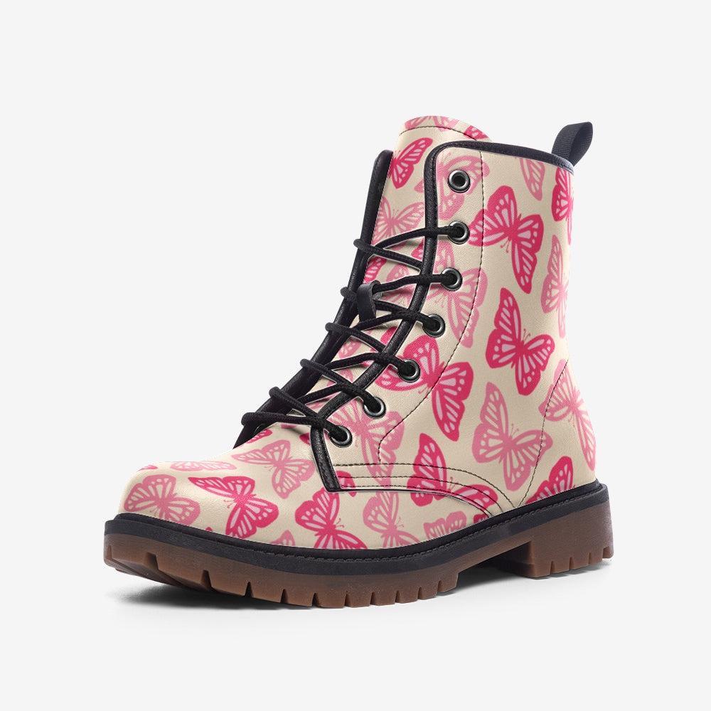 Pink Butterfly Combat Boots, Kawaii Fairycore Rave Outfit Shoes for Festivals