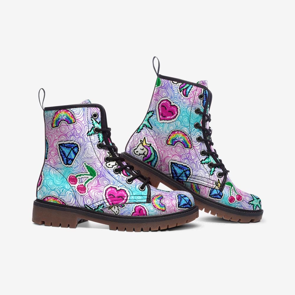 Pixel Unicorn Combat Boots, Rave Festival Boots Rainbow Y2K Pastel