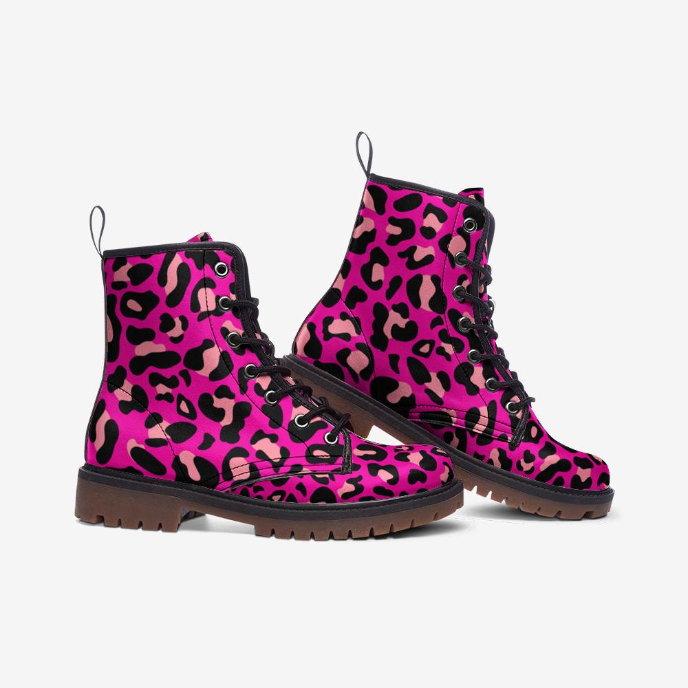 Hot Pink Leopard Combat Boots, Bold Punk Party Footwear for Alt Fashion