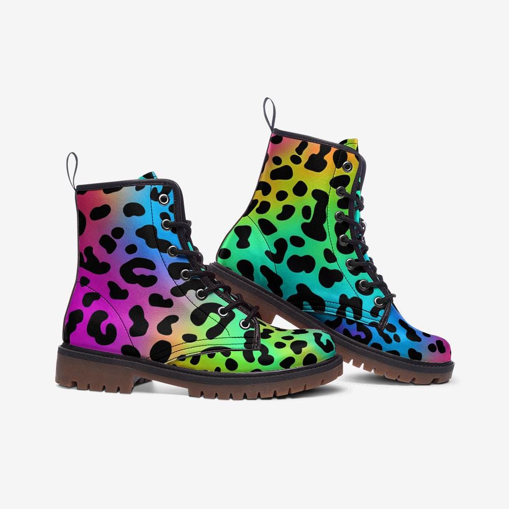 Neon Rainbow Leopard Boots, Colorful Statement Combat Shoes for Party Outfits