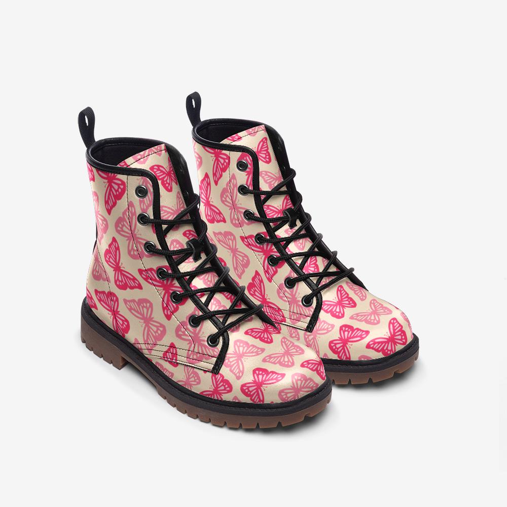 Pink Butterfly Combat Boots, Kawaii Fairycore Rave Outfit Shoes for Festivals