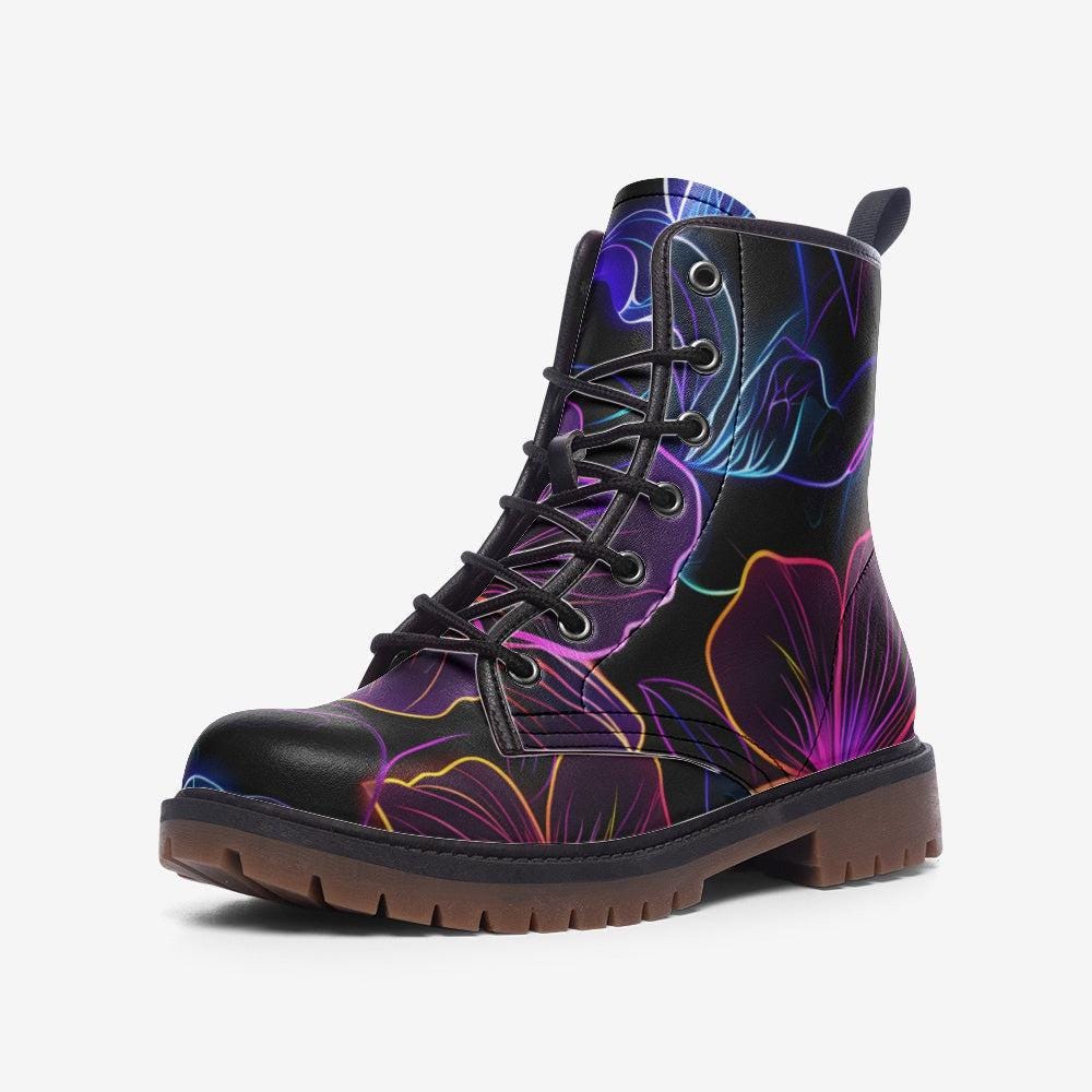 Neon Floral Combat Boots, Psychedelic Rave Footwear for Night Parties