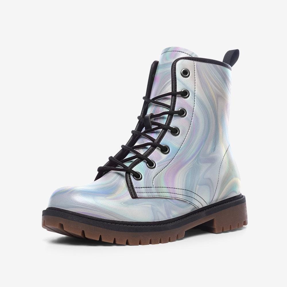 Holographic Silver Combat Boots, Futuristic Y2K Cyber Rave Festival Shoes