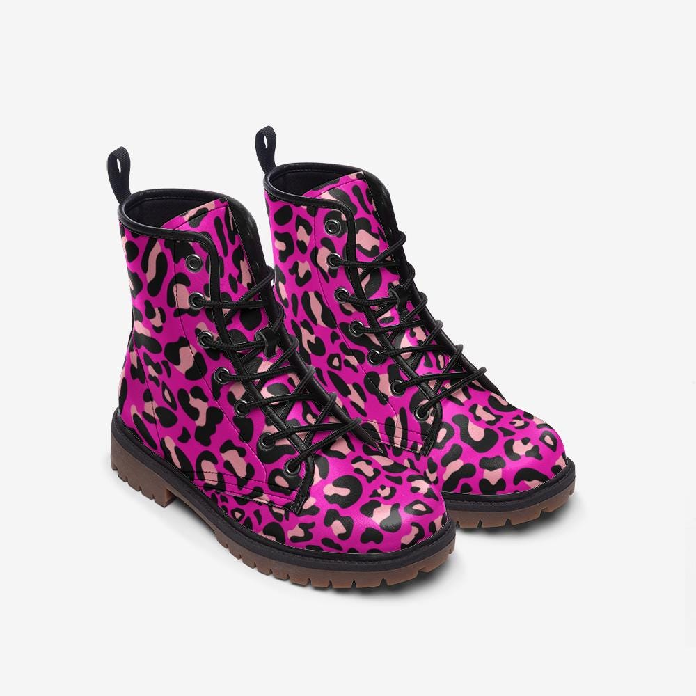 Hot Pink Leopard Combat Boots, Bold Punk Party Footwear for Alt Fashion