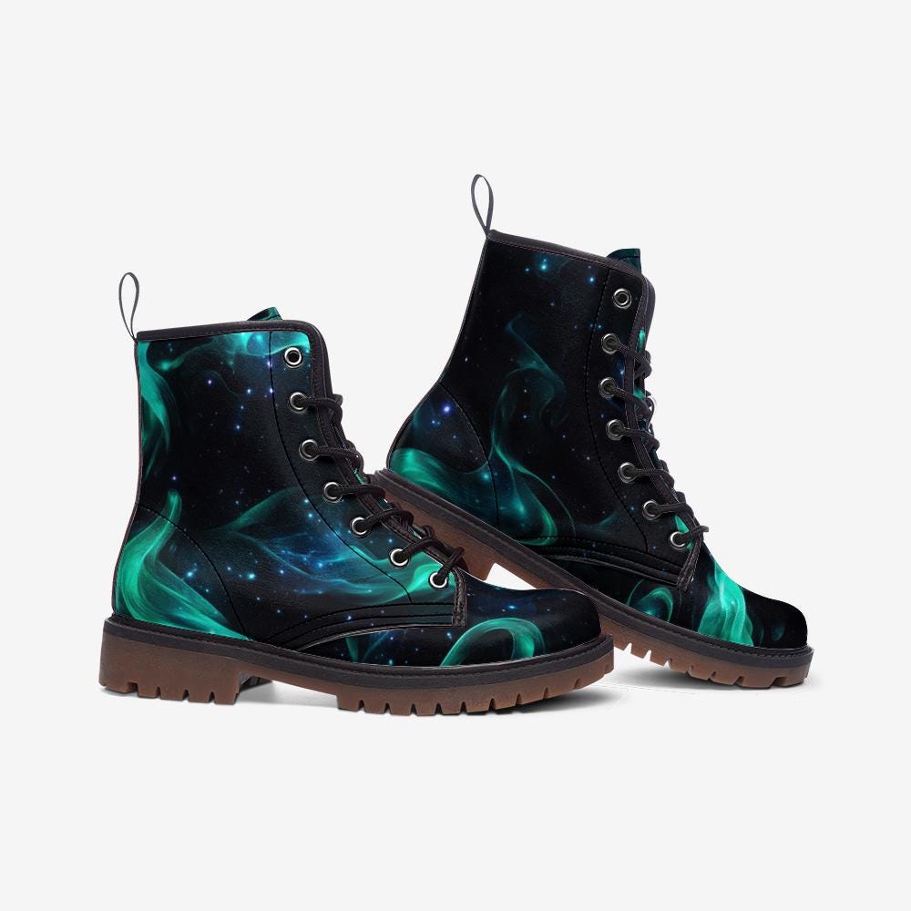 Aurora Borealis Vegan Leather Combat Boots: Festival Rave Footwear