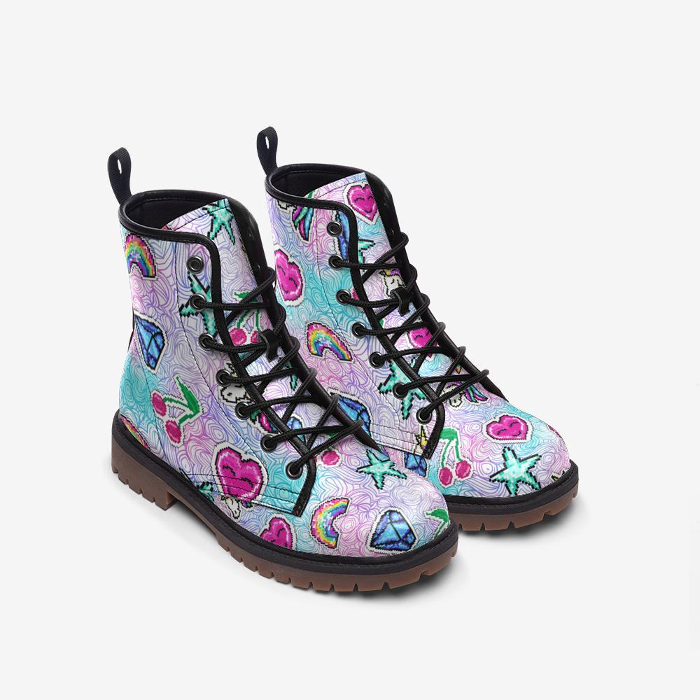 Pixel Unicorn Combat Boots, Rave Festival Boots Rainbow Y2K Pastel