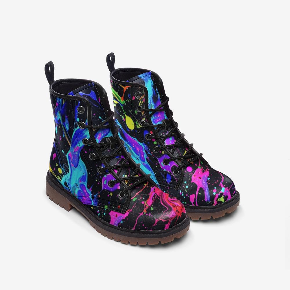 Neon Splatter Combat Boots Rave Festival Shoes Dopamine Statement Footwear