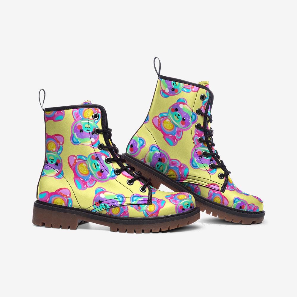 Rainbow bear boots, dopamine rave lace up shoes, festival party style