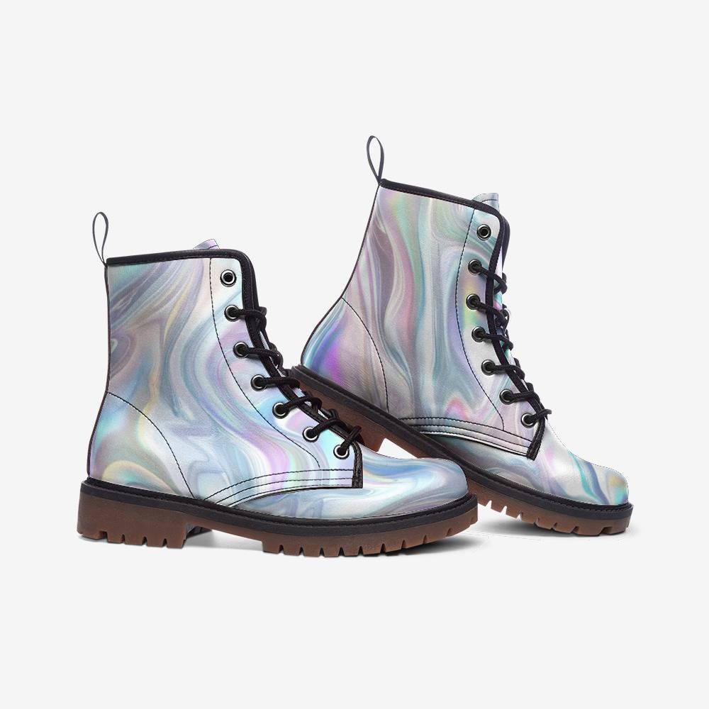 Holographic Silver Combat Boots, Futuristic Y2K Cyber Rave Festival Shoes