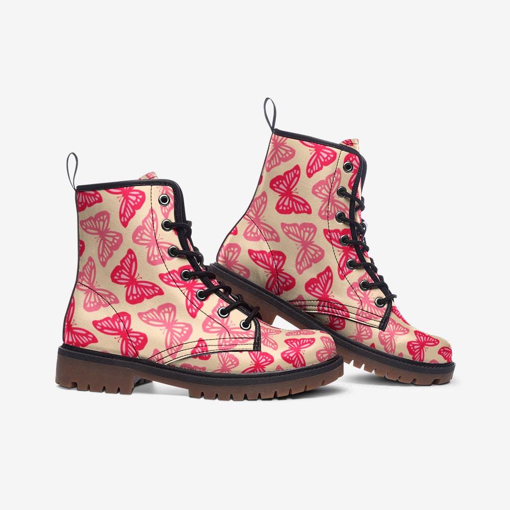 Pink Butterfly Combat Boots, Kawaii Fairycore Rave Outfit Shoes for Festivals