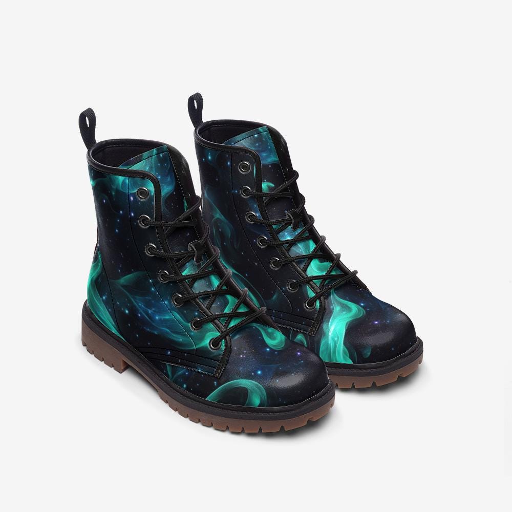 Aurora Borealis Vegan Leather Combat Boots: Festival Rave Footwear