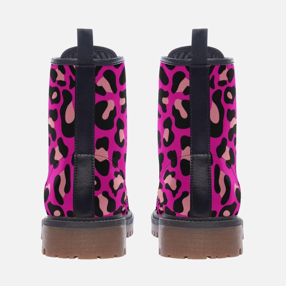 Hot Pink Leopard Combat Boots, Bold Punk Party Footwear for Alt Fashion