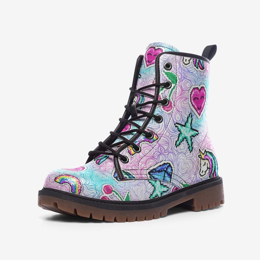 Pixel Unicorn Combat Boots, Rave Festival Boots Rainbow Y2K Pastel