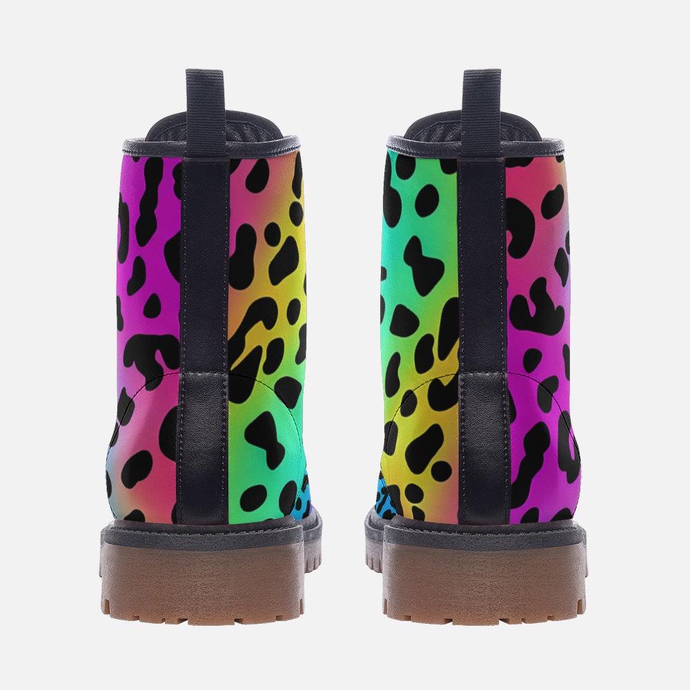 Neon Rainbow Leopard Boots, Colorful Statement Combat Shoes for Party Outfits
