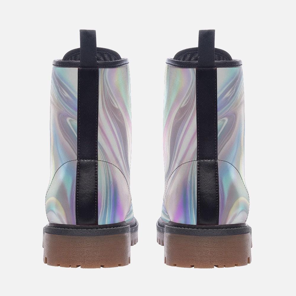 Holographic Silver Combat Boots, Futuristic Y2K Cyber Rave Festival Shoes