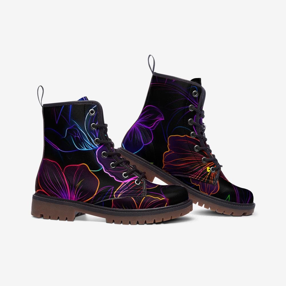 Neon Floral Combat Boots, Psychedelic Rave Footwear for Night Parties