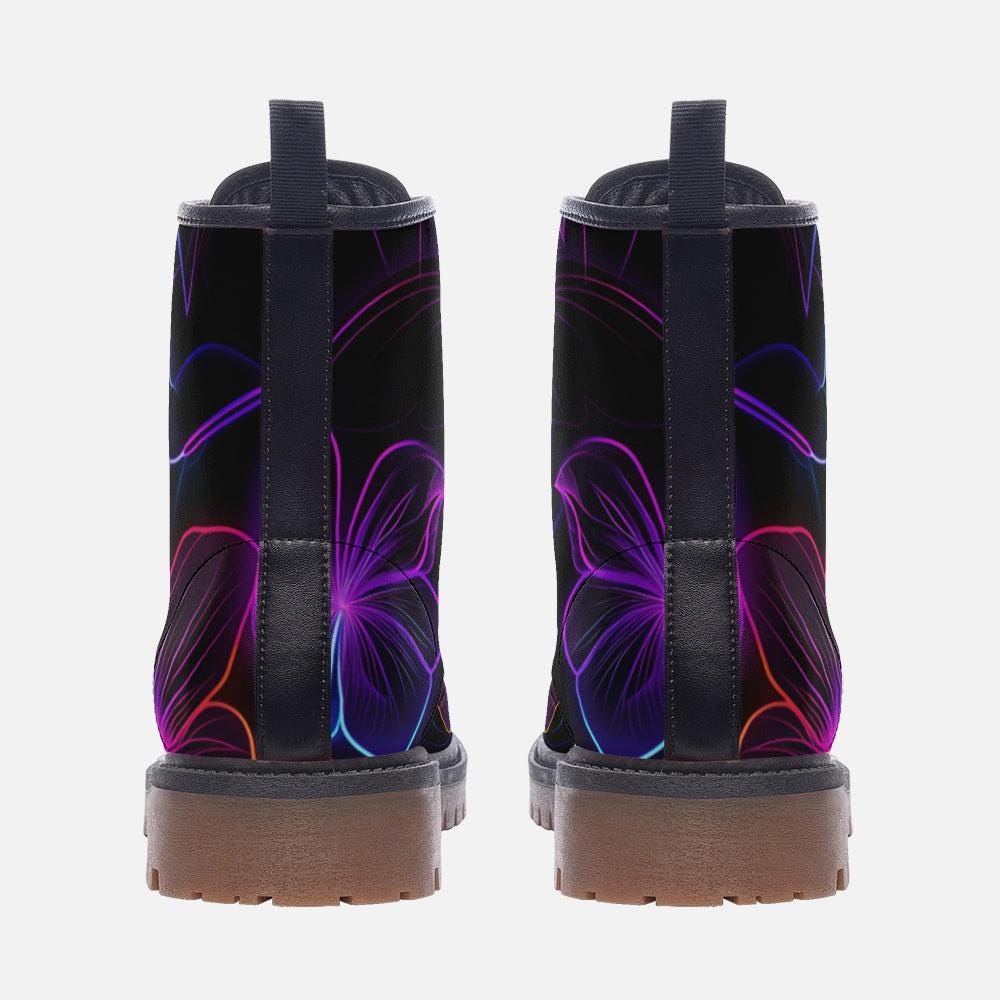 Neon Floral Combat Boots, Psychedelic Rave Footwear for Night Parties