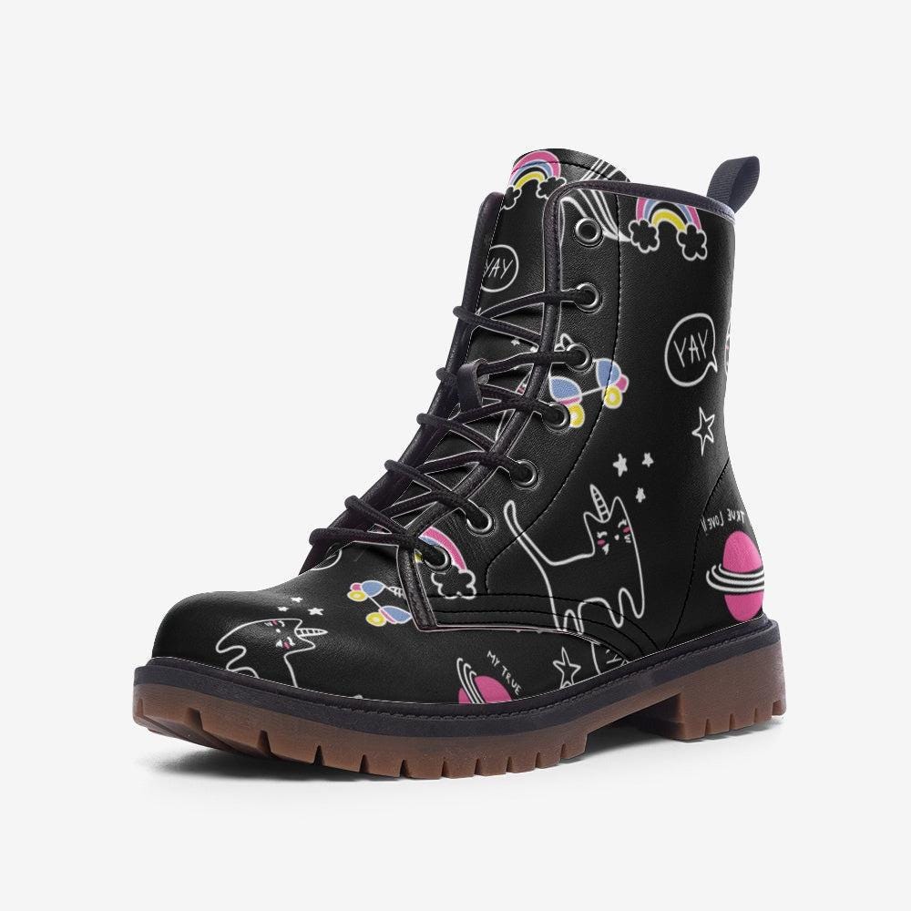 Cute Cat Combat Boots with Space Cartoon Design and Cosmic Art