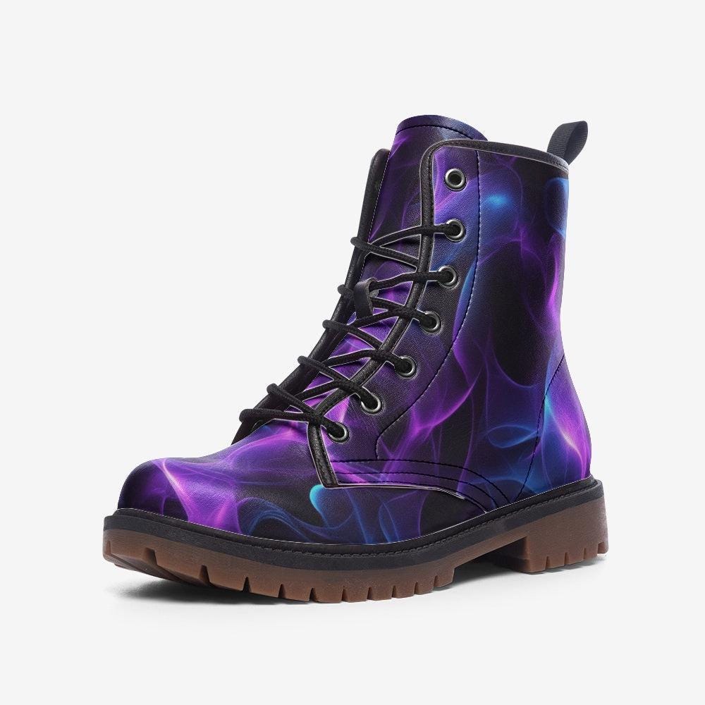 Purple Smoke Combat Boots with Cosmic Abstract Vapor Print